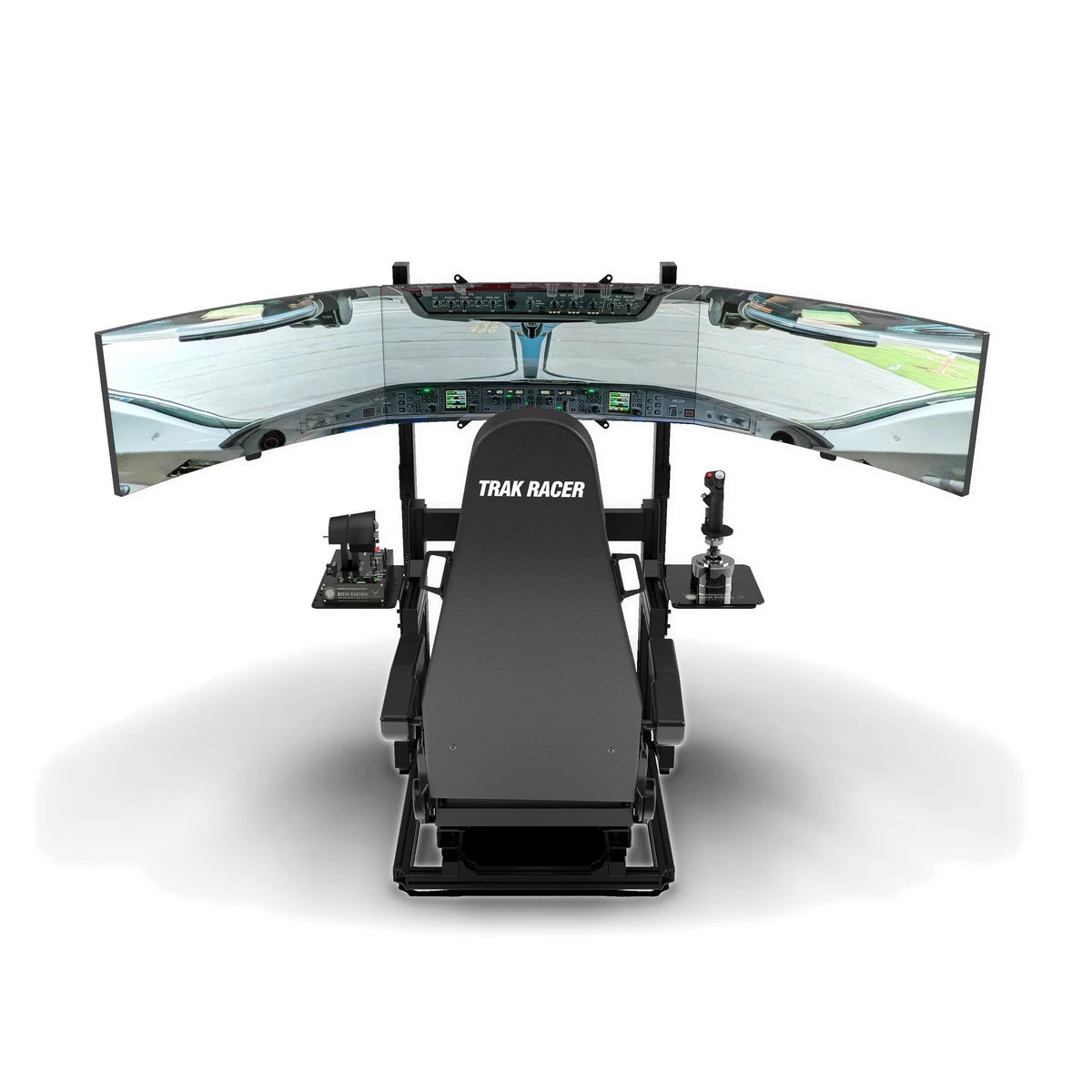 Trak Racer TR40S flight cockpit set up with a triple monitor stand running flight simulator scenery