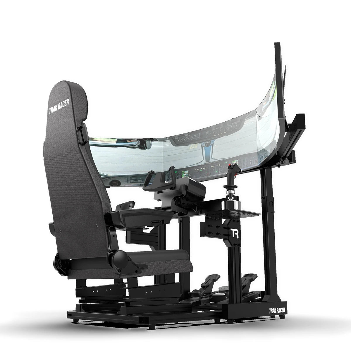 Trak Racer TR40S flight cockpit with a curved ultrawide monitor on the cockpit-mounted stand, in use