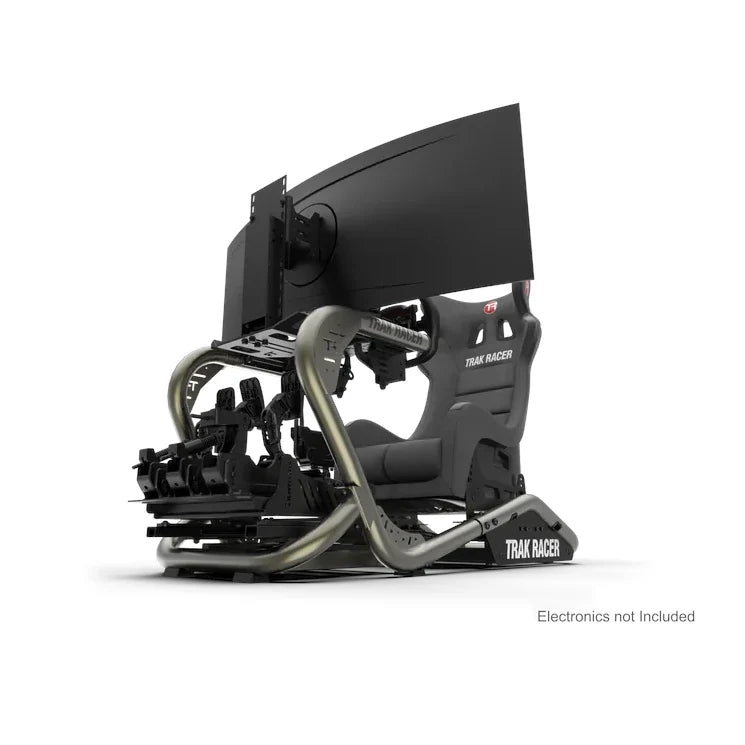 Trak Racer TR8 Pro V2 Racing Simulator, rear three-quarter view with seat and curved monitor and a raw silver front roll bar (electronics not included)
