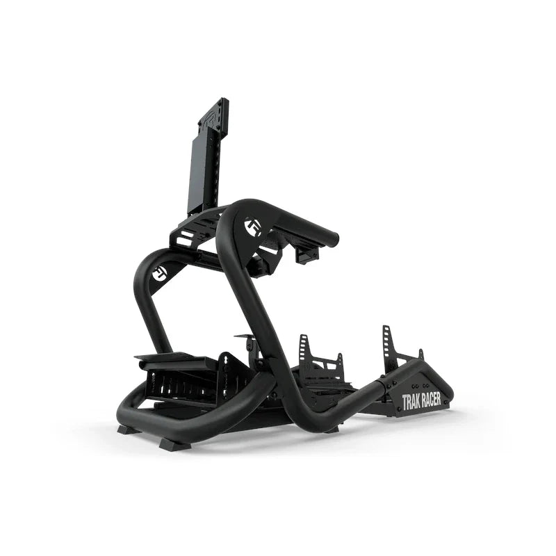 Trak Racer TR8 Pro V2 Racing Simulator, bare black frame three-quarter view with the single monitor mount raised