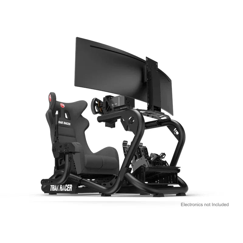Trak Racer TR8 Pro V2 Racing Simulator, front three-quarter view fitted with bucket seat and triple curved monitors (electronics not included)