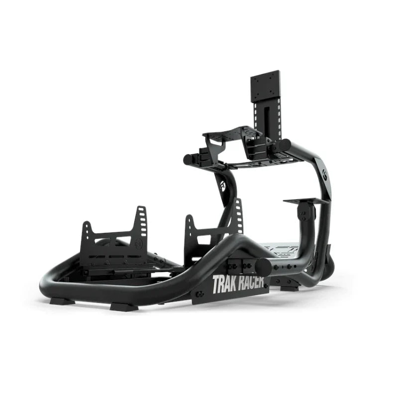 Trak Racer TR8 Pro V2 Racing Simulator, bare black frame front three-quarter view with single VESA monitor mount
