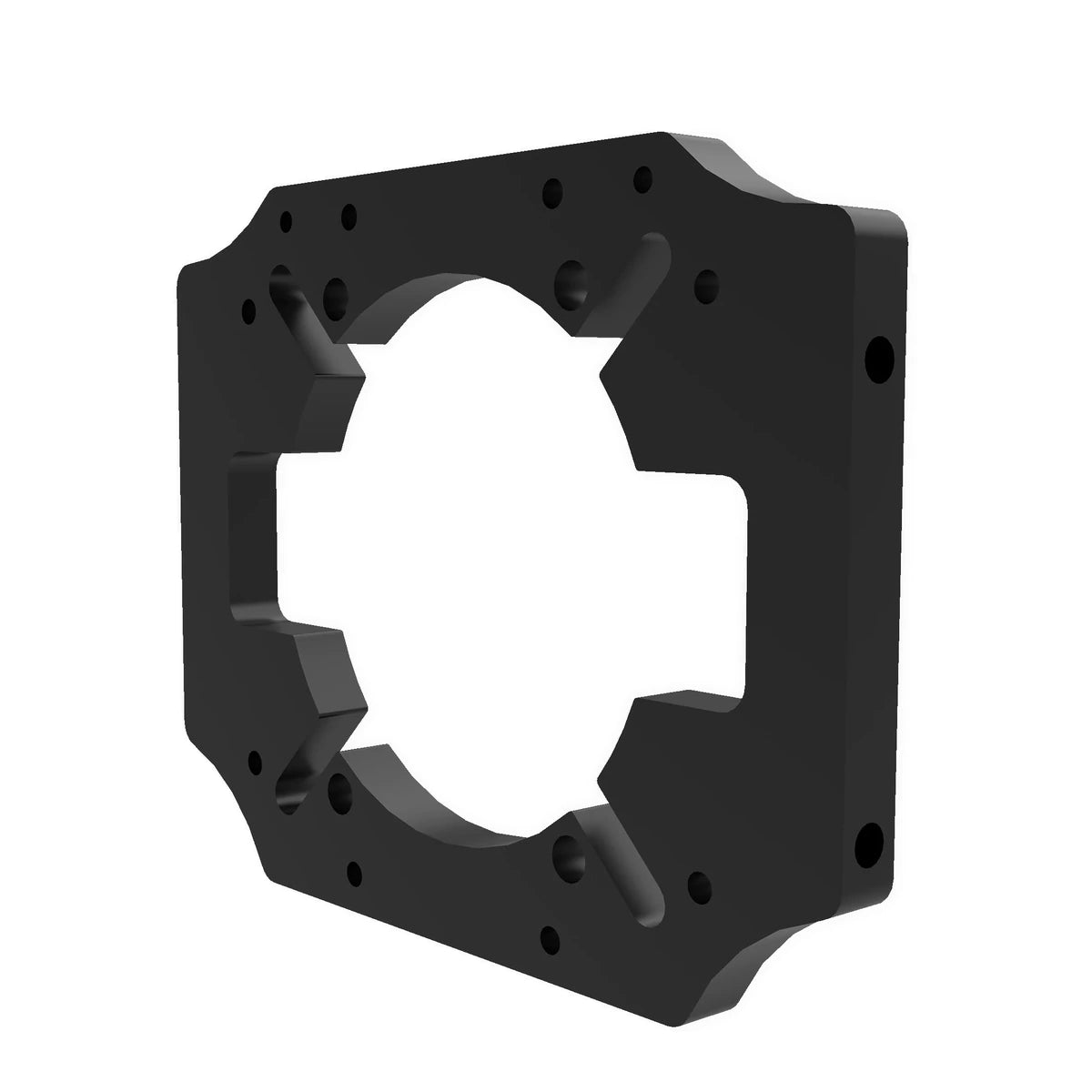 Trak Racer TR One MOZA front mount, black anodised aluminium mounting plate, three-quarter view