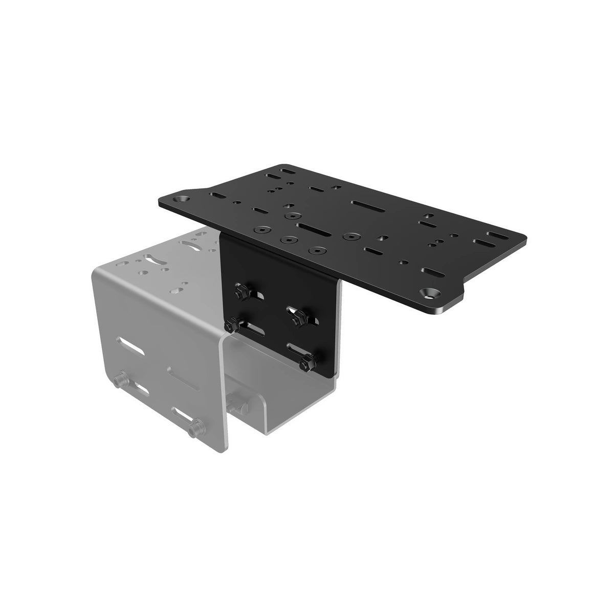 Trak Racer TR-One oversized shifter mount on its vertical profile bracket, three-quarter view with mounting bolts
