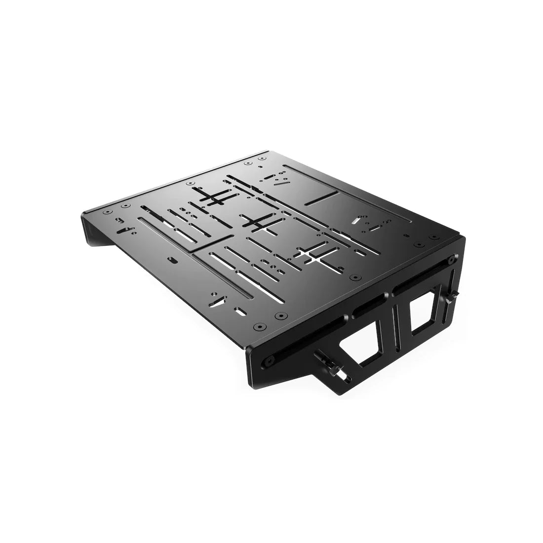 Trak Racer TR-One pedal mounting plate, angled top-down view — pre-drilled slots for major pedal brands