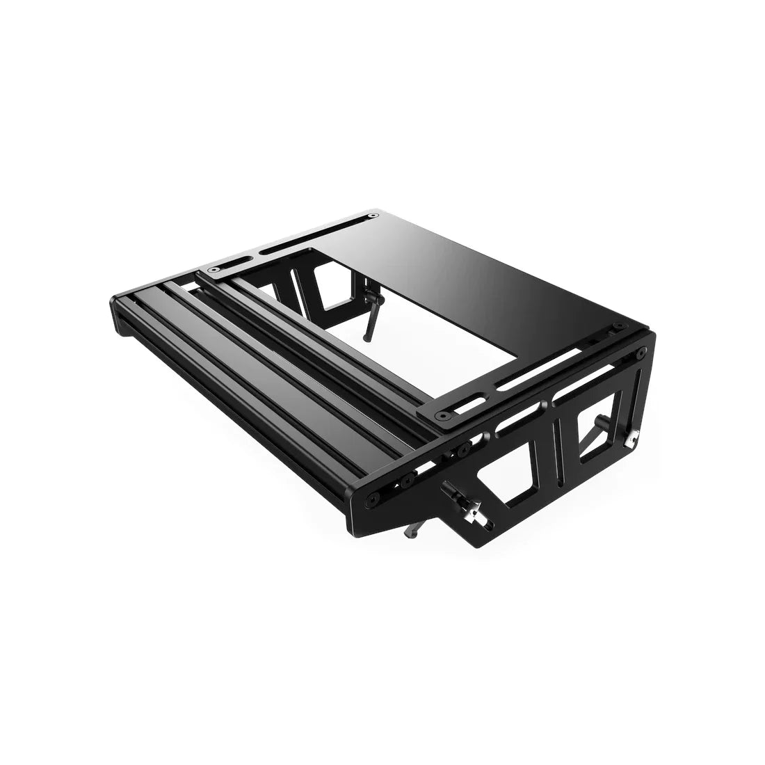 Trak Racer Universal TR-One Pedal Mounting System, rear three-quarter view showing the aluminium profile and angle brackets