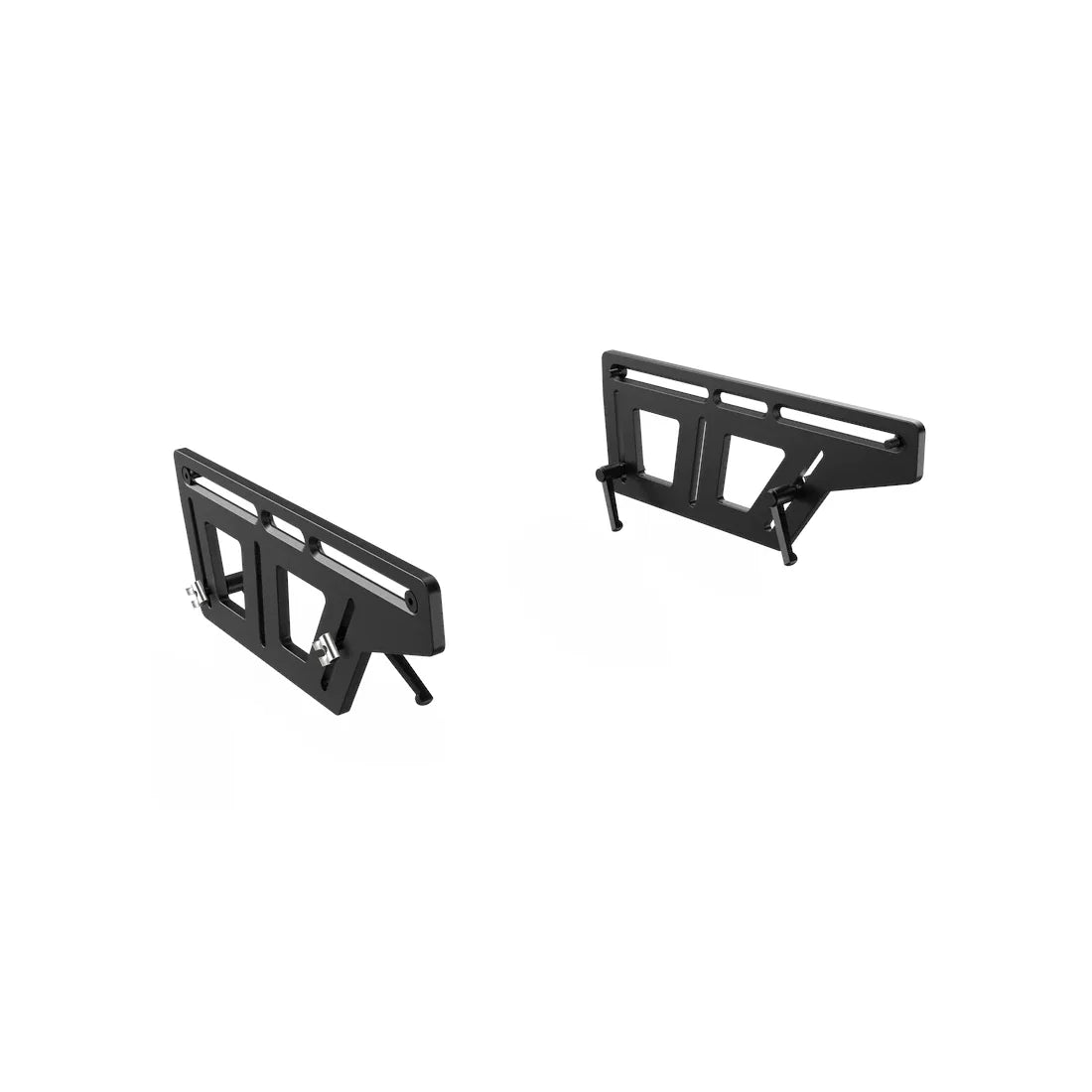 Trak Racer TR-One Pedal Update Plate Kit, pair of black micro-adjustment brackets shown from the rear three-quarter angle