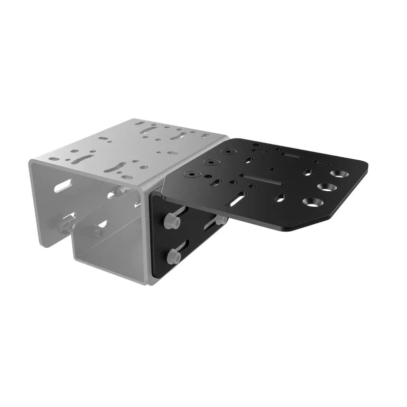 Universal TR-One Left or Right Side Handbrake Mount, black assembly with bolts fitted, ghosted second bracket behind for reference