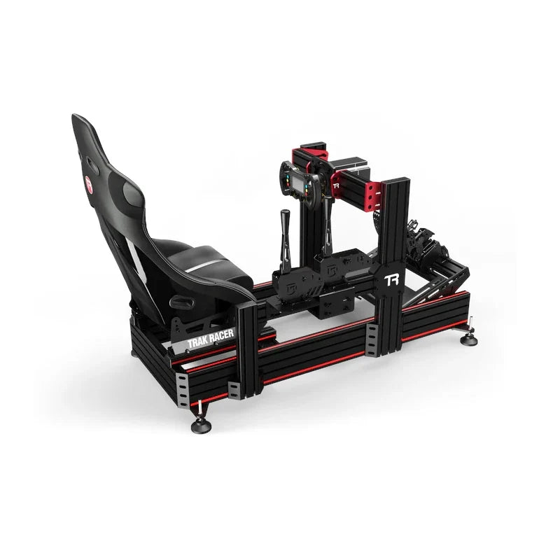 Trak Racer cockpit fully built with seat, wheelbase, pedals and shifter, showing where the TR-One handbrake mount fits