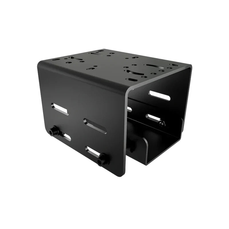 TR-One Gen 2 Universal Shifter Mount, front three-quarter view of the black steel box bracket with slotted sides