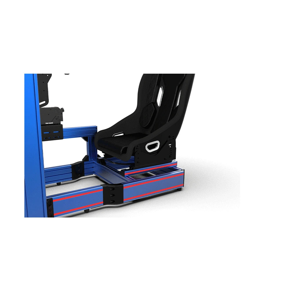 Trak Racer TRX Hybrid fibreglass seat, close-up mounted on blue and red rail base