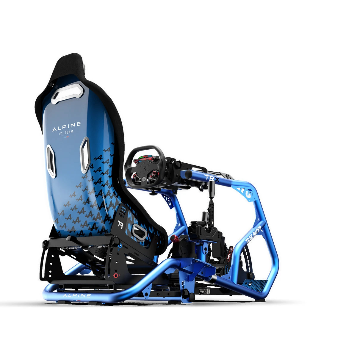 Trak Racer TRX Hybrid fibreglass seat, BWT Alpine F1 livery, mounted in a blue TRX cockpit, rear angle