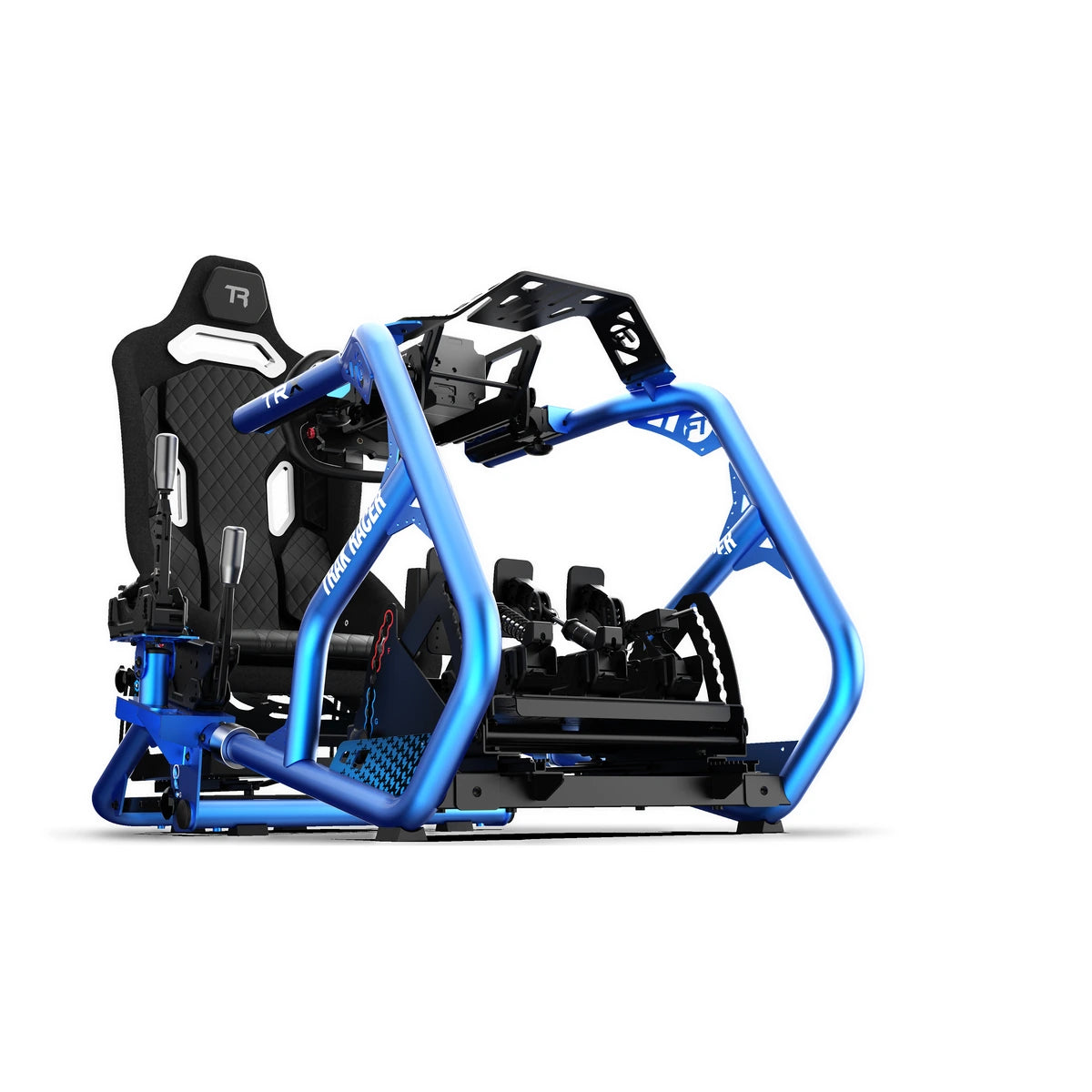 Trak Racer TRX Hybrid fibreglass seat mounted in a blue Trak Racer TRX cockpit, front three-quarter view