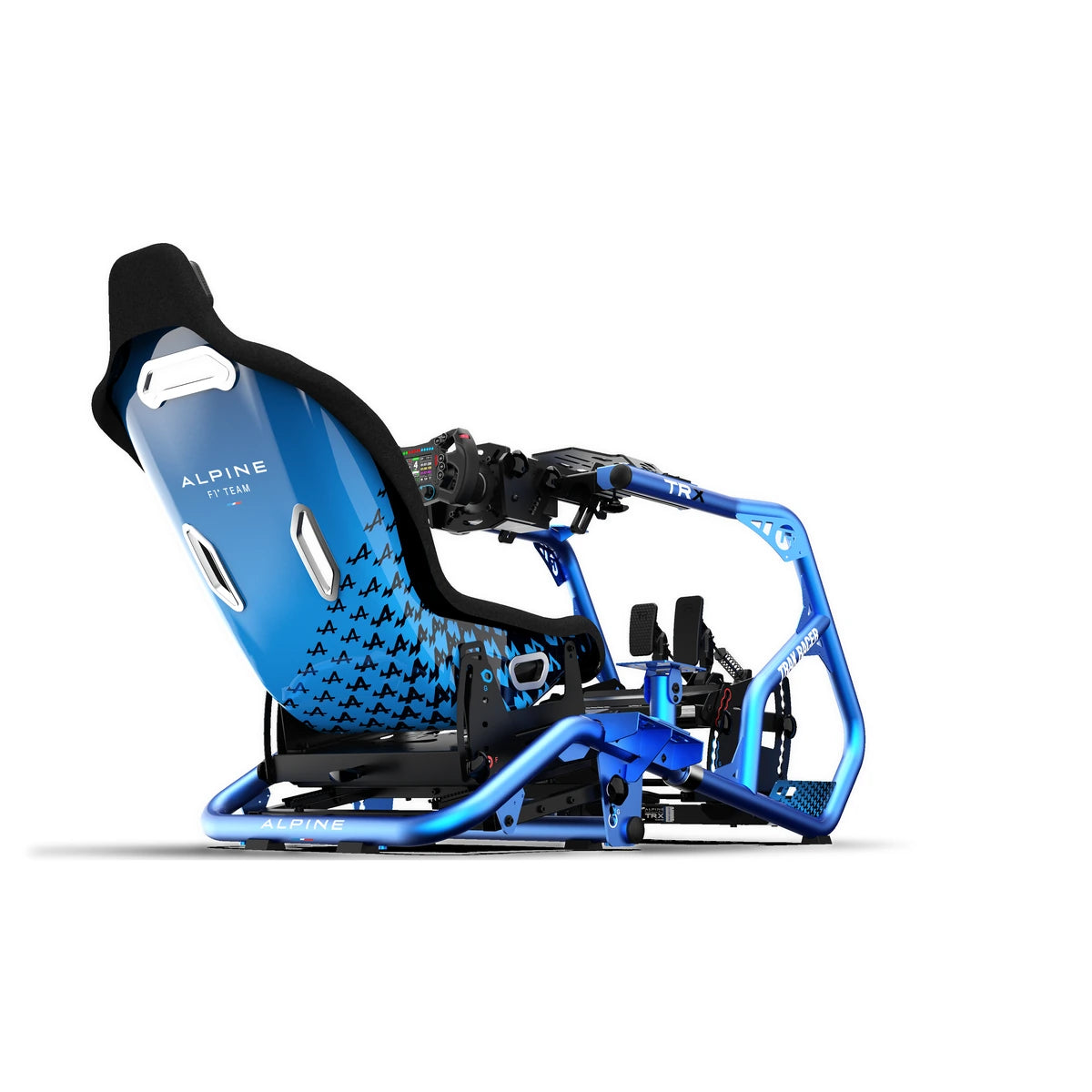 Trak Racer TRX Hybrid fibreglass seat, BWT Alpine F1 livery, mounted in a blue TRX cockpit, side angle