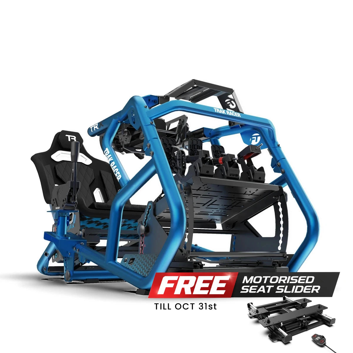 Trak Racer Alpine Racing TRX V2 cockpit, Alpine Blue Livery, front three-quarter view with free motorised seat slider offer, ends 31 October