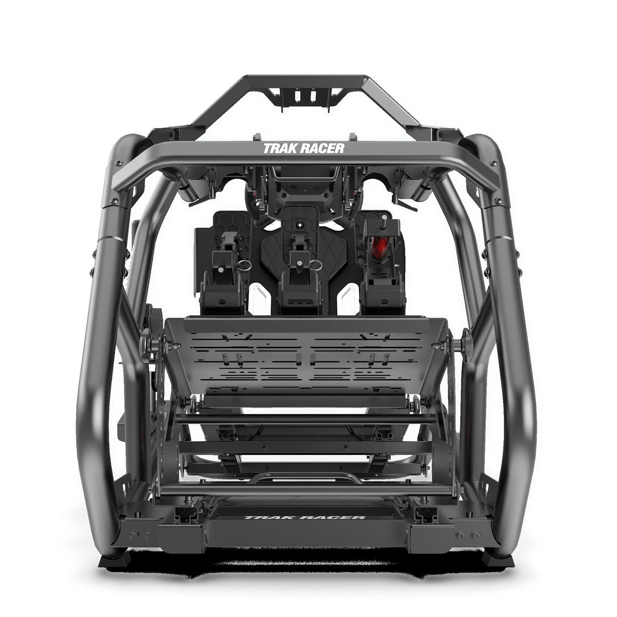 Trak Racer TRX V2 sim racing cockpit, front view — roll cage, three-pedal plate and open wheel mount