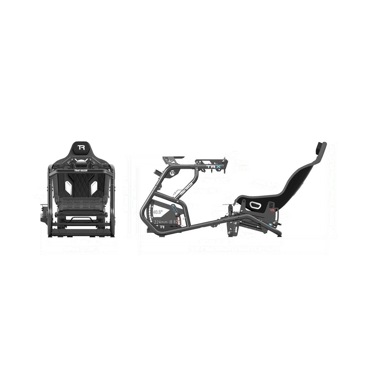 Trak Racer TRX V2 sim racing cockpit, front, three-quarter and side profile views with recline angle and adjustment dimensions
