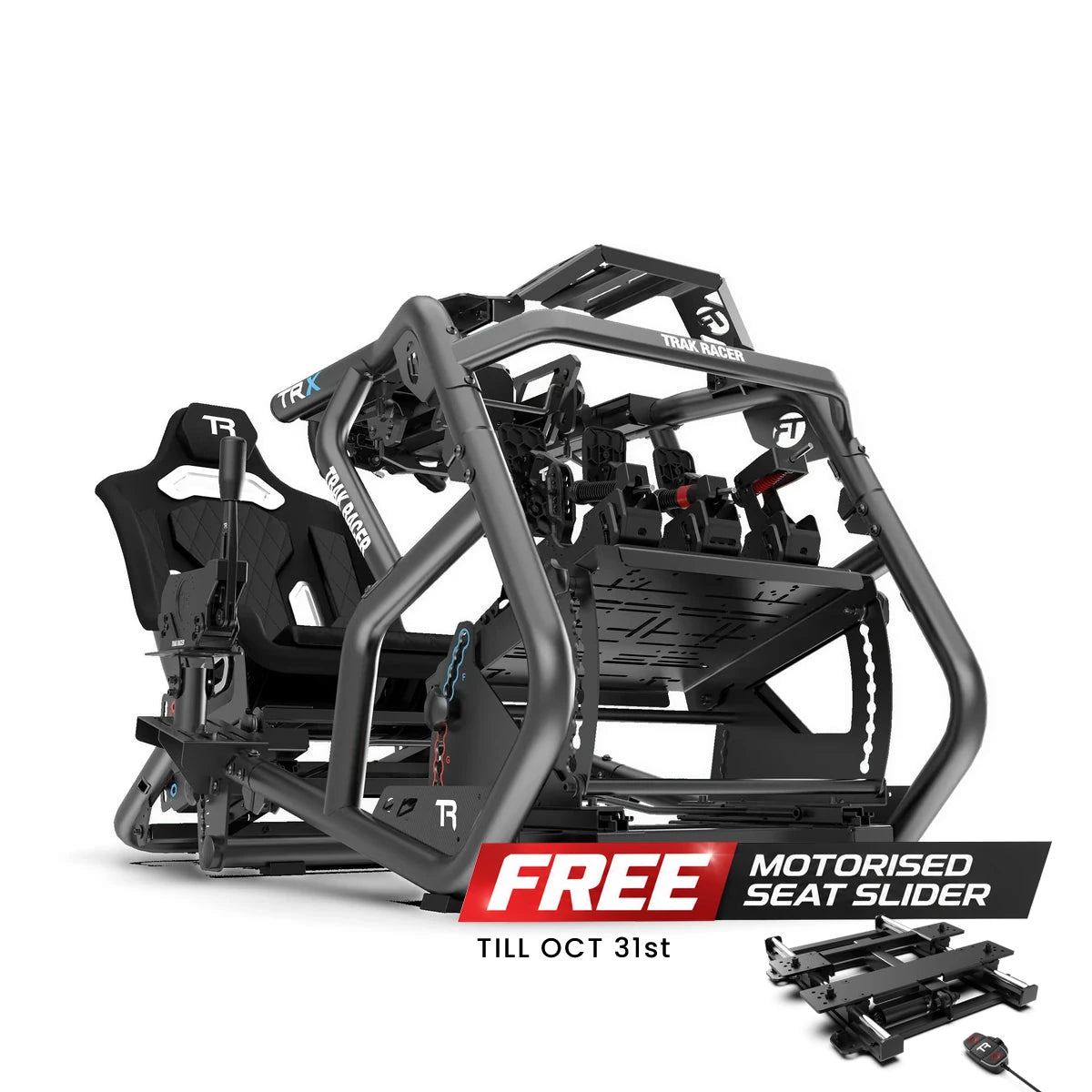 Trak Racer Alpine Racing TRX V2 cockpit, Black, front three-quarter view with free motorised seat slider offer, ends 31 October