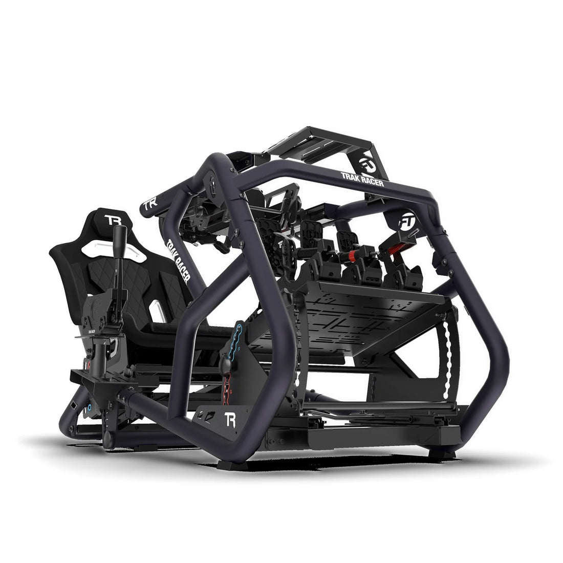 Trak Racer TRX V2 racing simulator, Bull Blue, front three-quarter view — roll cage, seat, pedal tray and wheel deck