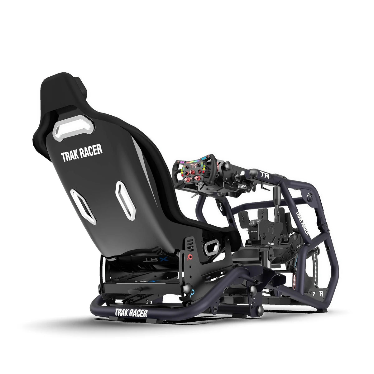 Trak Racer TRX V2 racing simulator, Bull Blue, side view with racing wheel mounted, sold separately