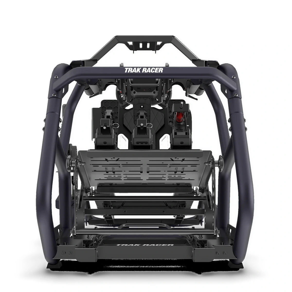 Trak Racer TRX V2 racing simulator, Bull Blue, rear view showing roll cage, pedal tray and mounting rails