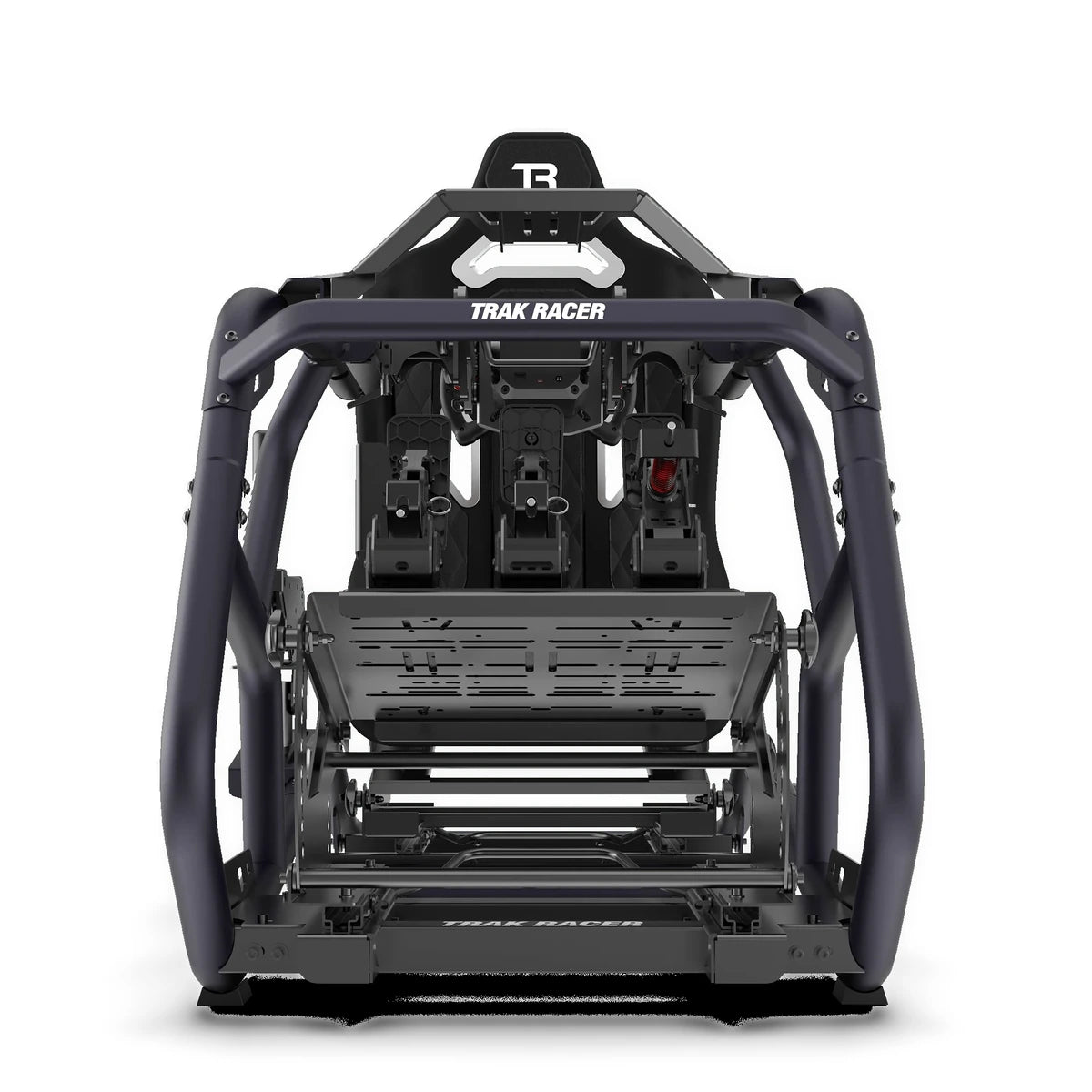 Trak Racer TRX V2 racing simulator, Bull Blue, rear view with seat headrest visible through the roll cage