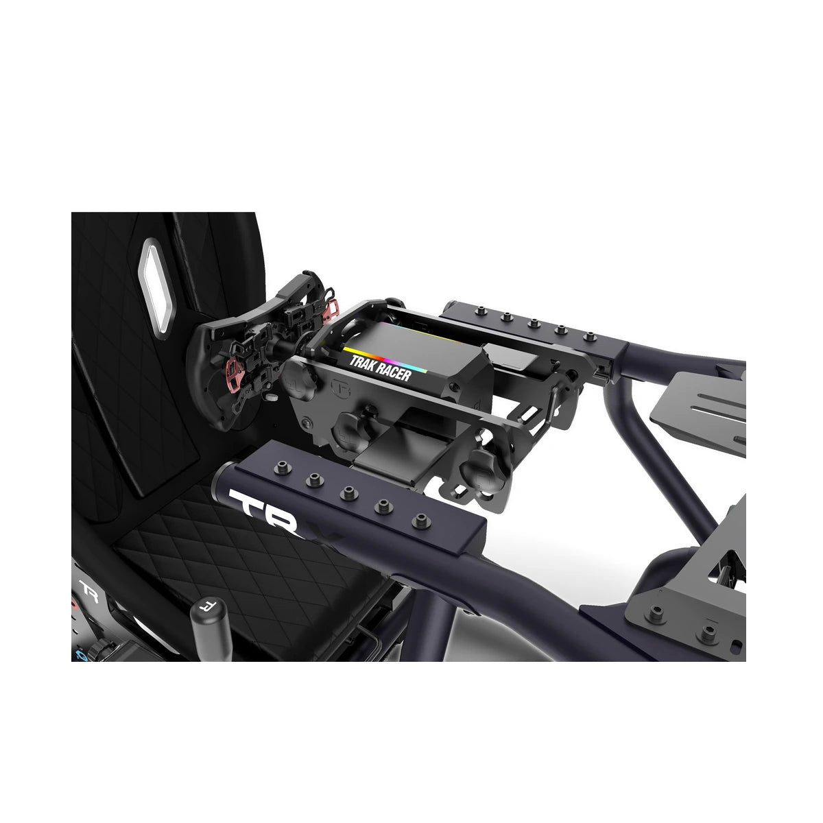 Trak Racer TRX V2 wheel deck close-up, Bull Blue — tool-free mounting plate with RGB light bar