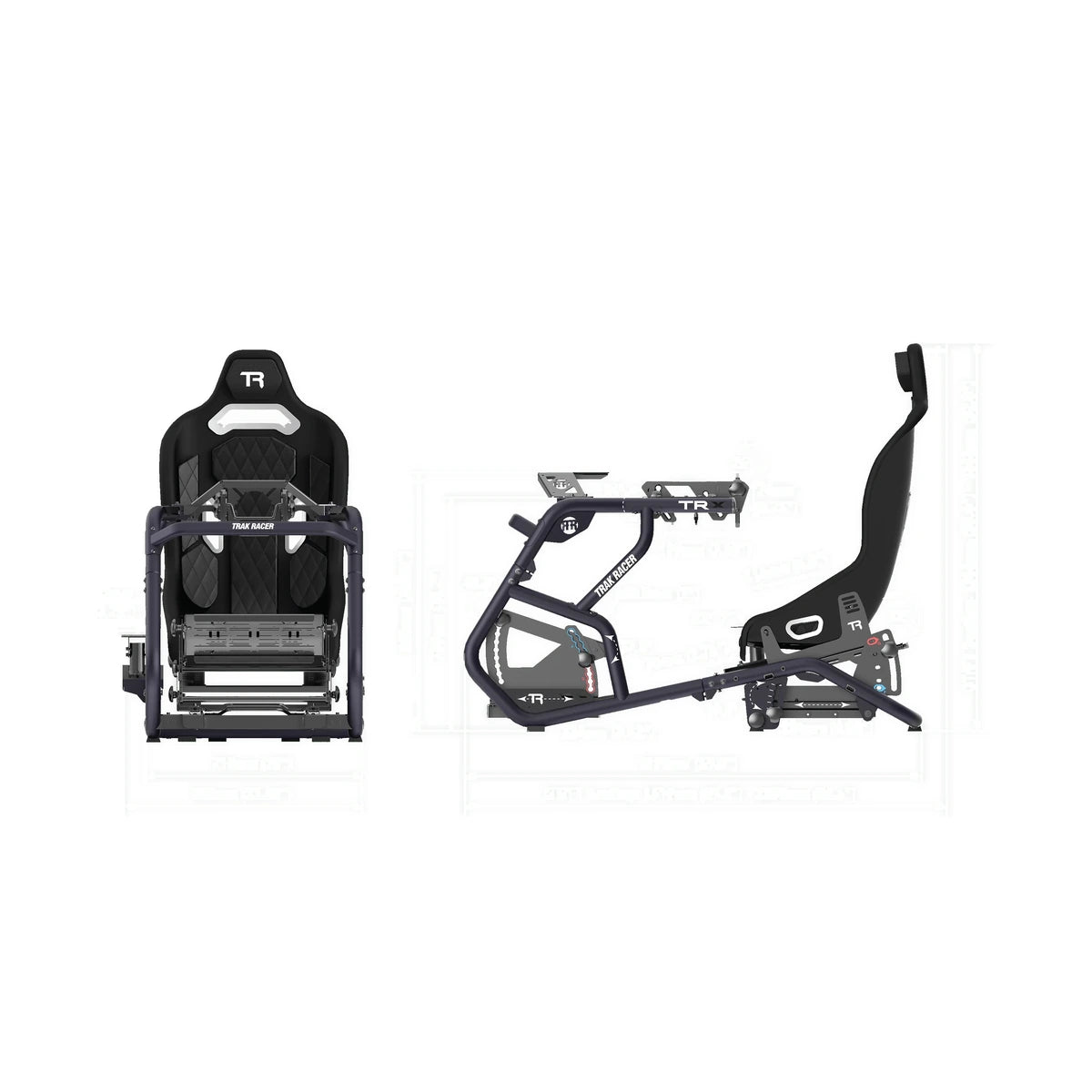 Trak Racer TRX V2 racing simulator, Bull Blue, front and side dimension diagrams