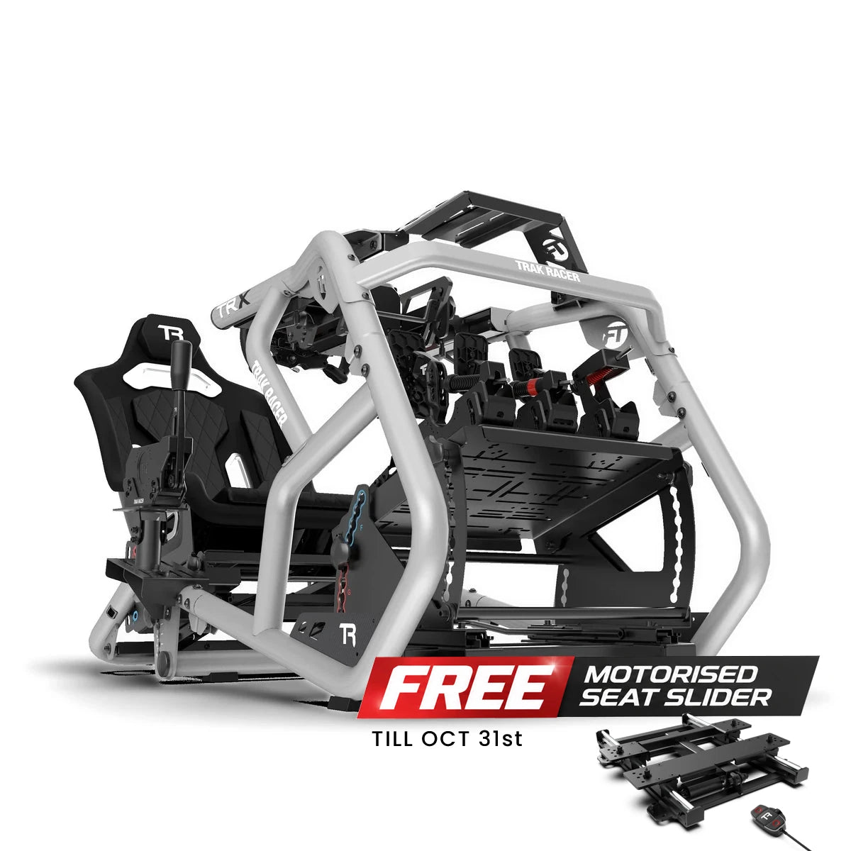 Trak Racer Alpine Racing TRX V2 cockpit, Silver Arrow, front three-quarter view with free motorised seat slider offer, ends 31 October