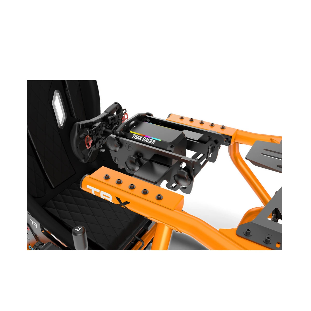 Trak Racer Alpine Racing TRX V2 sim cockpit, close-up of tool-free adjustable wheel deck mount