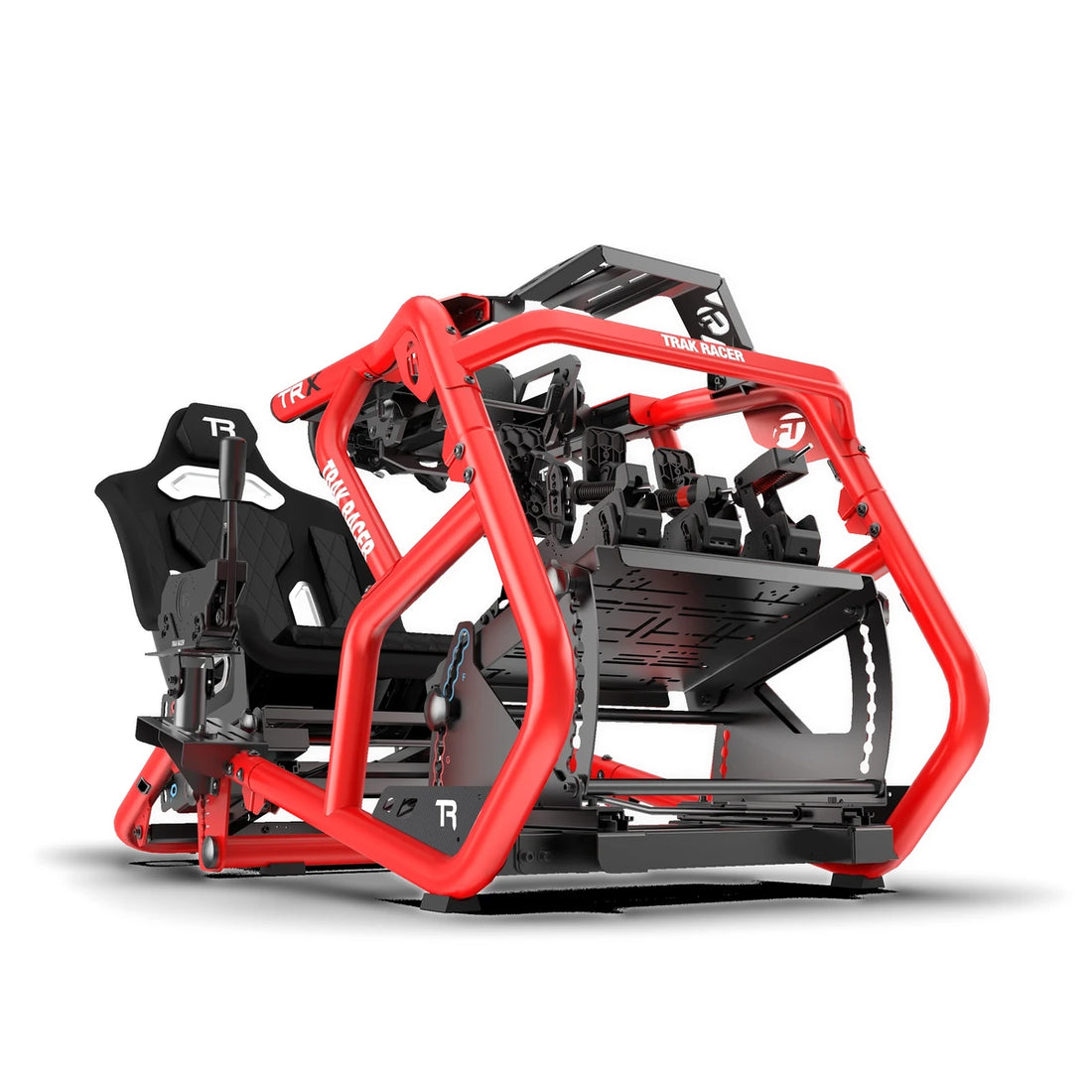 Trak Racer Alpine Racing TRX V2 cockpit, Tifosi red, front three-quarter view — red frame, black seat and pedal plate