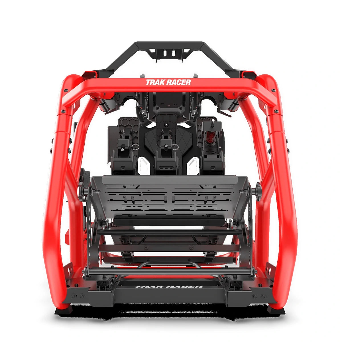 Trak Racer Alpine Racing TRX V2 cockpit, Tifosi red, rear view — monitor-stand mounting bracket and pedal plate visible