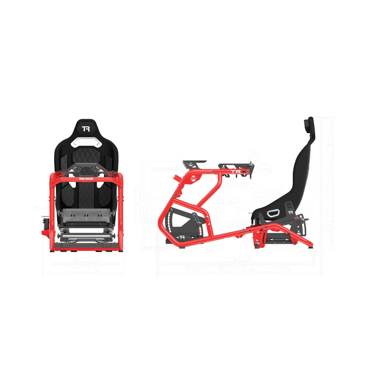 Trak Racer Alpine Racing TRX V2 cockpit, Tifosi red, technical dimension drawing, front and side views