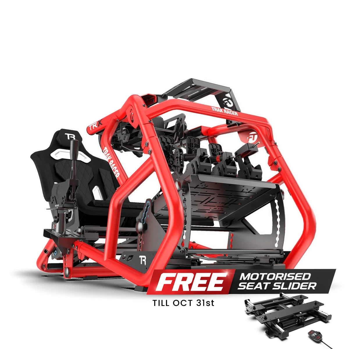 Trak Racer Alpine Racing TRX V2 cockpit, Tifosi Red, front three-quarter view with free motorised seat slider offer, ends 31 October