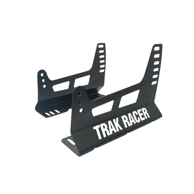 Trak Racer GT/Formula Seat Brackets, pair of black side-mount brackets, three-quarter view with Trak Racer branding