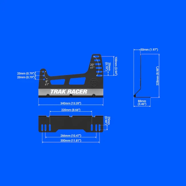 Trak Racer GT/Formula Seat Bracket dimensions diagram in mm and inches with seat-angle adjustment markings