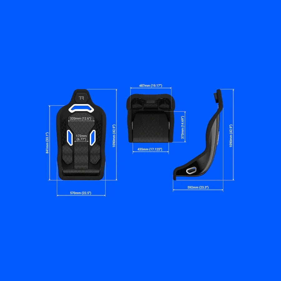 Trak Racer TRX Hybrid fibreglass racing seat, technical dimension drawing, front, top and side views