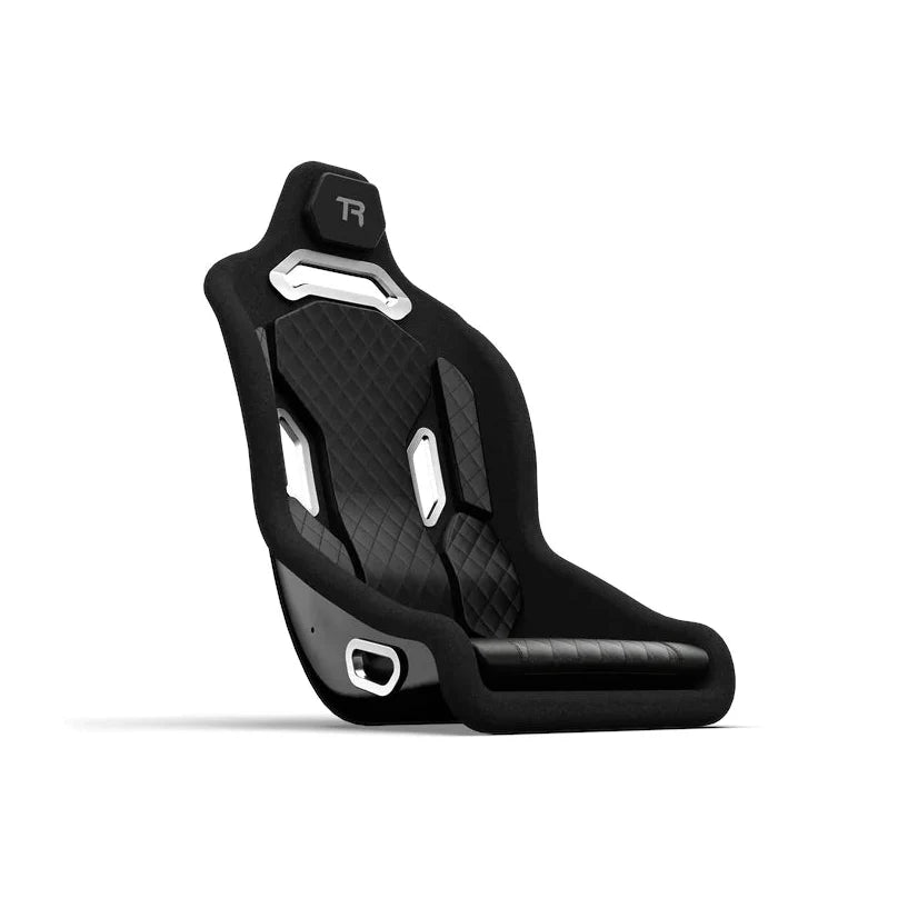 Trak Racer TRX Hybrid fibreglass racing seat, black, front three-quarter view — diamond-stitched bolsters and TR badge