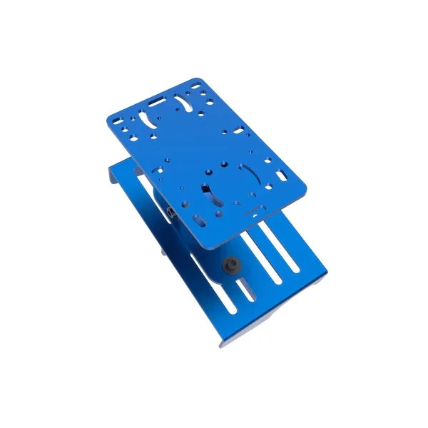 Universal Gear Shifter Mount for Alpine Racing TRX, blue slotted top plate separated above the base clamp