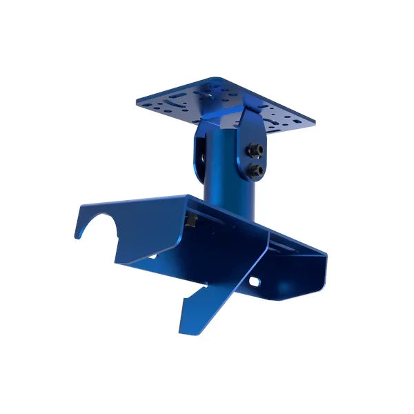 Universal Gear Shifter Mount for Alpine Racing TRX in blue, rear three-quarter showing the pivot column and clamp brackets
