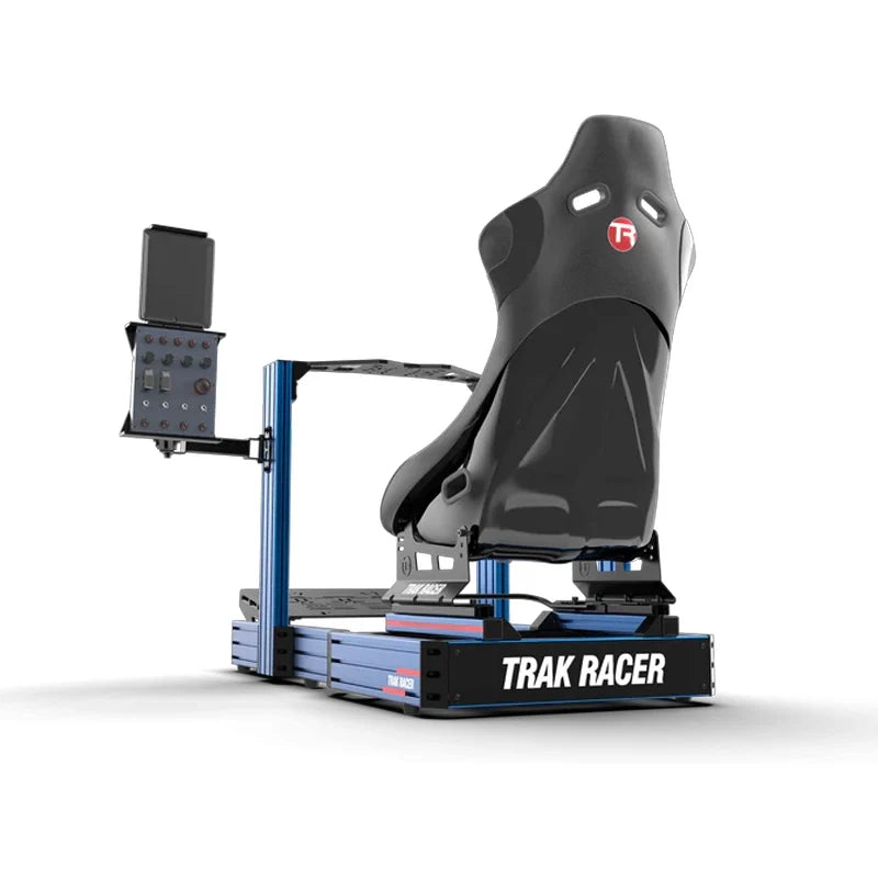 Trak Racer tablet and button box holder V2 mount, installed on a sim rig holding a button box