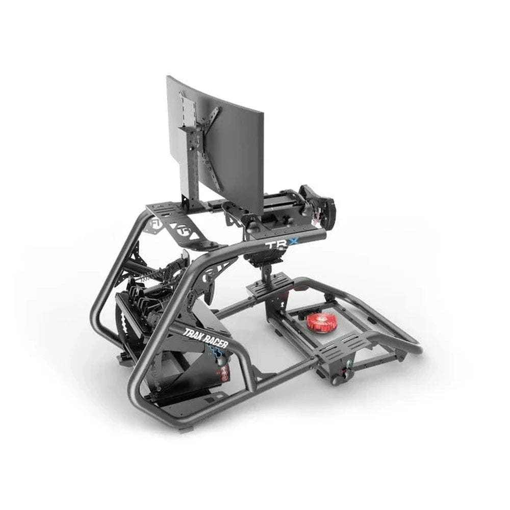 Trak Racer bass shaker mount installed on TRX cockpit, rear angle — red bass shaker fitted beneath seat, sold separately