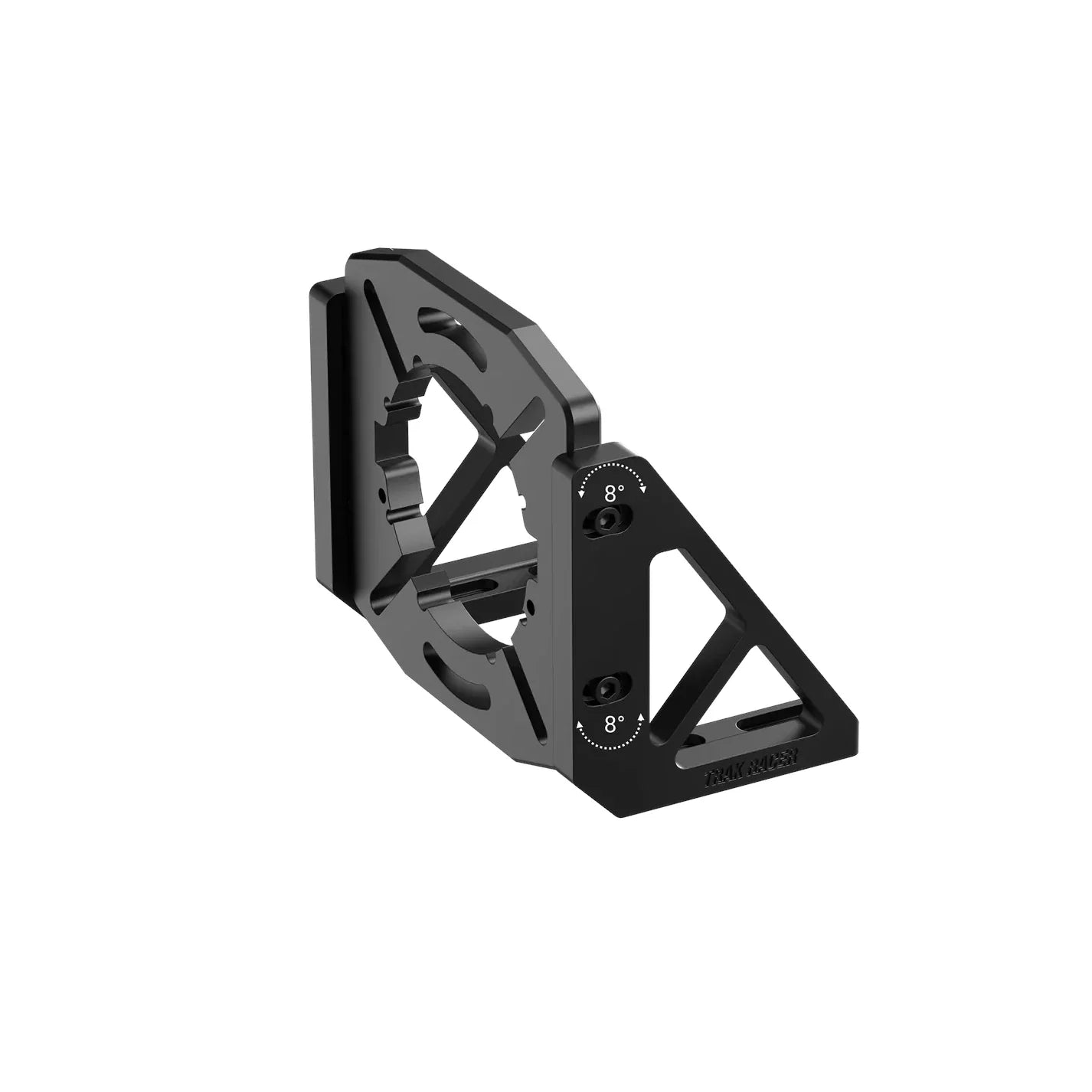 Trak Racer universal direct drive motor mount, angled view — triangular side bracket with tilt adjustment holes