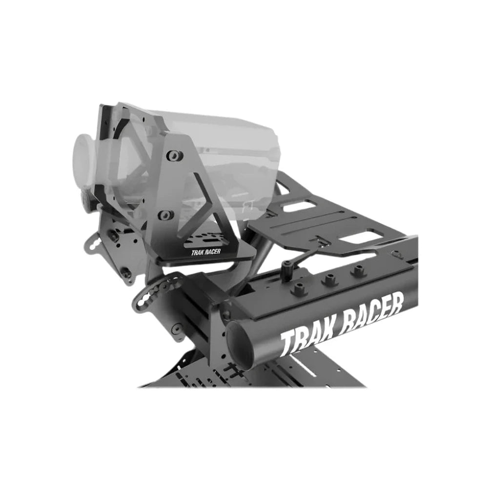 Trak Racer universal direct drive motor mount, in-rig close-up — mounted to TR cockpit frame with wheelbase (ghosted)