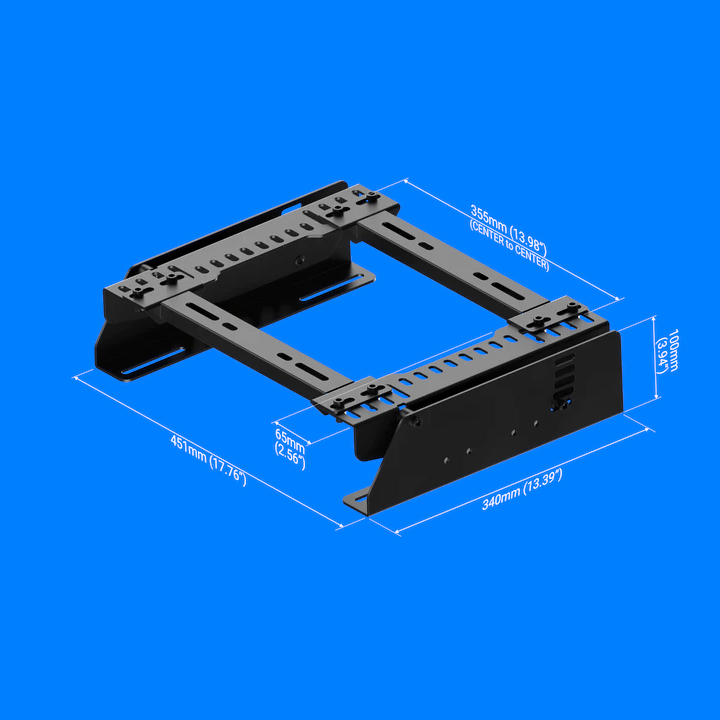 Trak Racer Universal Seat Brackets dimensions diagram in mm and inches, top three-quarter view on blue