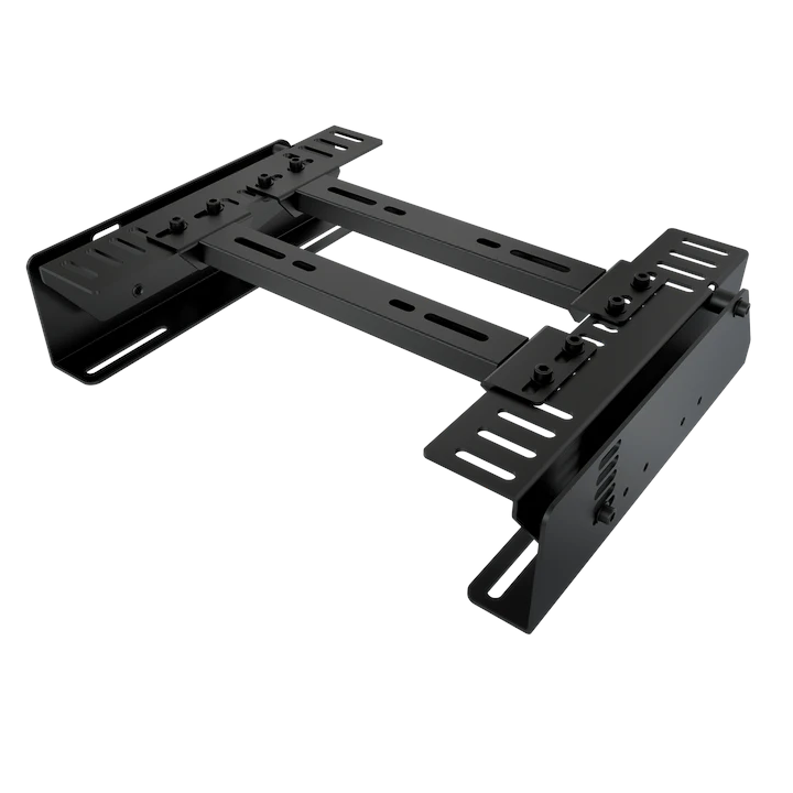 Trak Racer Universal Seat Brackets for recline seats and office chairs, angled view of the black steel side-mount frame