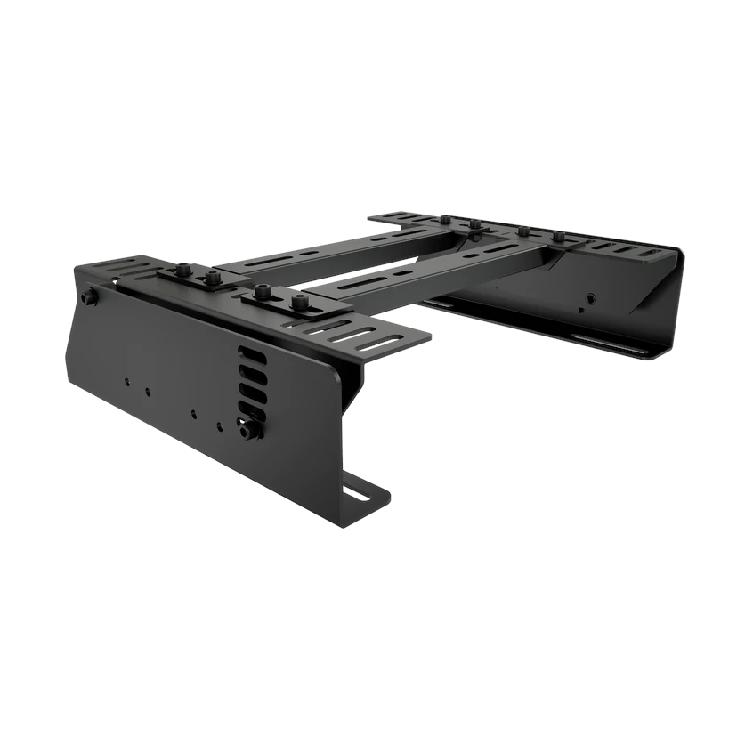 Trak Racer Universal Seat Brackets for recline seats and office chairs, low-angle view showing slotted adjustment rails and side plates