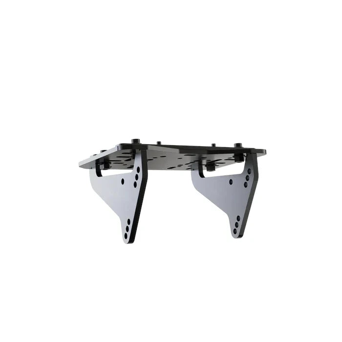 Wheel plate adapter for Asetek wheelbases, standalone angled view, laser-cut steel side brackets