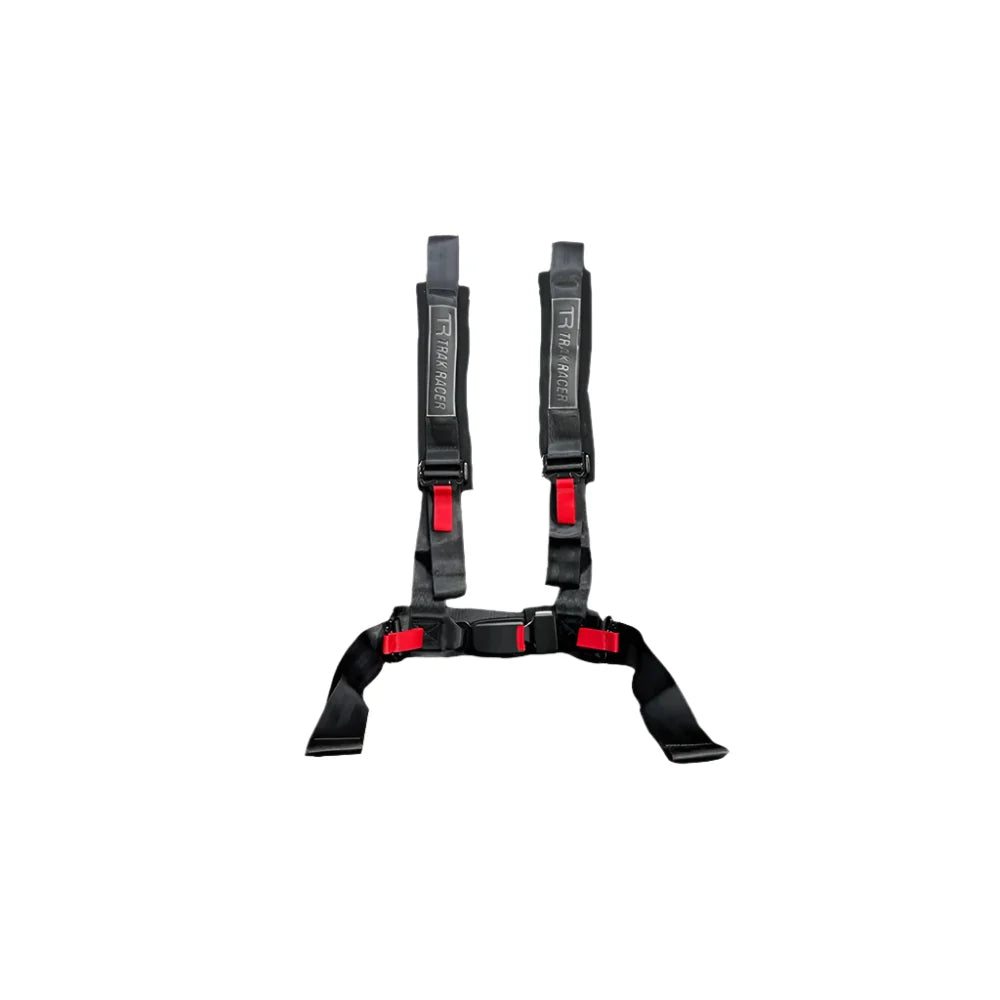 Trak Racer seat harness, red, standalone front view showing the 4-point layout and quick-release buckle