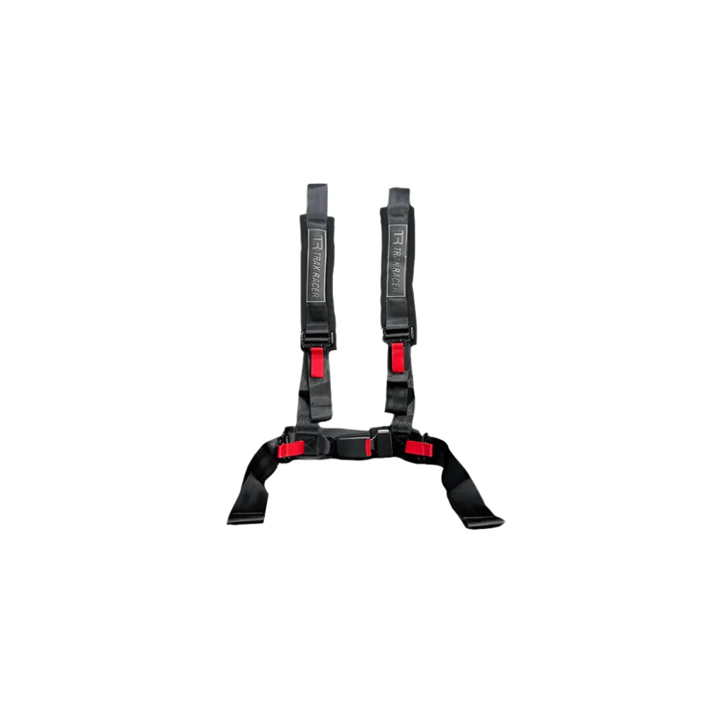 Trak Racer seat harness, black, standalone front view showing the 4-point layout and buckle
